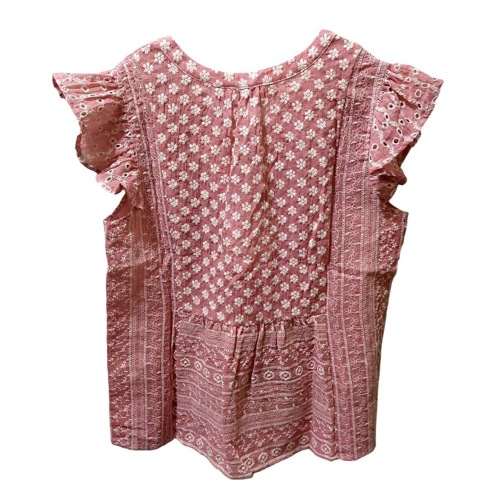 NWT VOY Pink/Mauve Floral Embroidered Ruffle Sleeve Top Boho - Picture 2 of 7